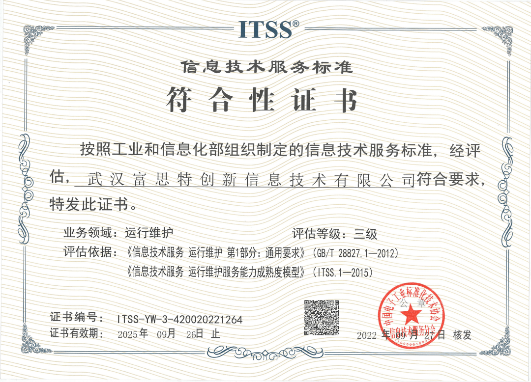 喜报丨富思特创新荣获ITSS运维服务能力成熟度符合性证书，持续引领武汉信息技术咨询服务新高度